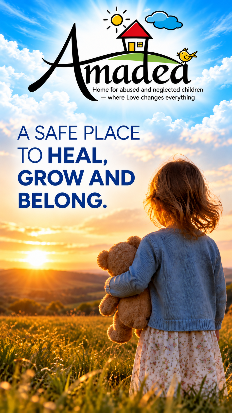 Illustrative picture of a child seen from behind holding a teddy bear in a sunlit meadow at sunset